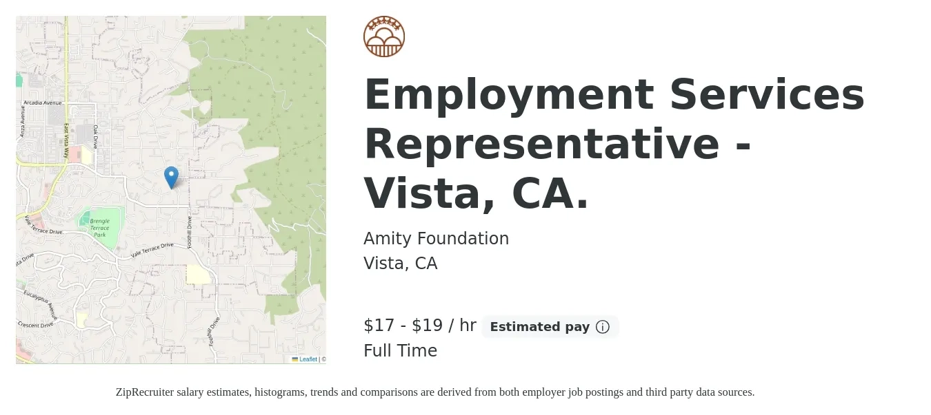 Amity Foundation job posting for a Employment Services Representative - Vista, CA. in Vista, CA with a salary of $18 to $20 Hourly with a map of Vista location.
