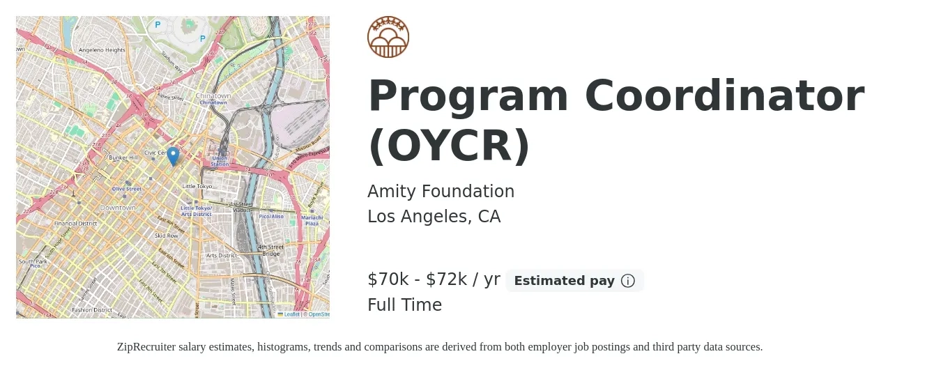 Amity Foundation job posting for a Program Coordinator (OYCR) in Los Angeles, CA with a salary of $70,000 to $72,000 Yearly with a map of Los Angeles location.