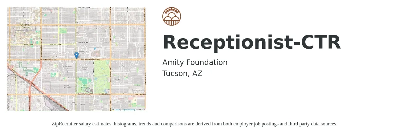 Amity Foundation job posting for a Receptionist-CTR in Tucson, AZ with a salary of $14 to $18 Hourly with a map of Tucson location.