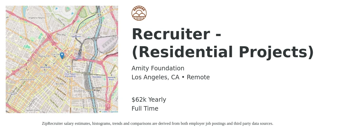 Amity Foundation job posting for a Recruiter - (Residential Projects) in Los Angeles, CA with a salary of $25 to $26 Hourly with a map of Los Angeles location.