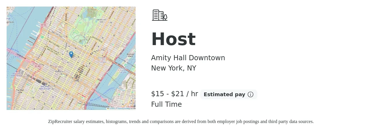 Amity Hall Downtown job posting for a Host in New York, NY with a salary of $16 to $22 Hourly with a map of New York location.