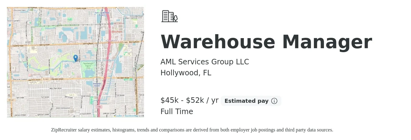 AML Services Group LLC job posting for a Warehouse Manager in Hollywood, FL with a salary of $45,000 to $52,000 Yearly with a map of Hollywood location.