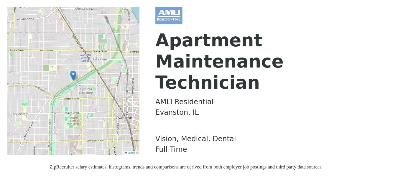 AMLI Residential job posting for a Apartment Maintenance Technician in Evanston, IL with a salary of $18 to $22 Hourly and benefits including vision, dental, medical, and pto with a map of Evanston location.