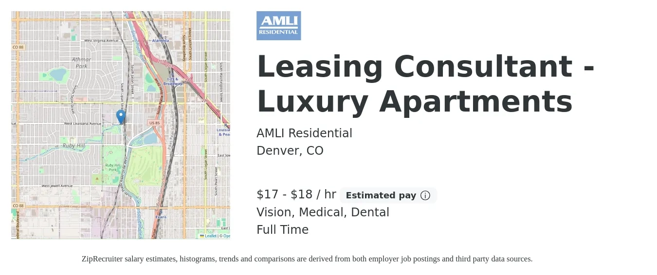 AMLI Residential job posting for a Leasing Consultant - Luxury Apartments in Denver, CO with a salary of $18 to $19 Hourly (plus commission) and benefits including dental, medical, pto, and vision with a map of Denver location.