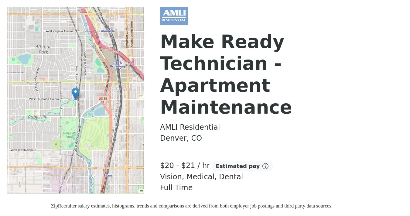 AMLI Residential job posting for a Make Ready Technician - Apartment Maintenance in Denver, CO with a salary of $21 to $22 Hourly (plus commission) and benefits including vision, dental, medical, and pto with a map of Denver location.
