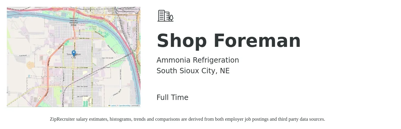 Ammonia Refrigeration job posting for a Shop Foreman in South Sioux City, NE with a salary of $49,400 to $79,100 Yearly with a map of South Sioux City location.