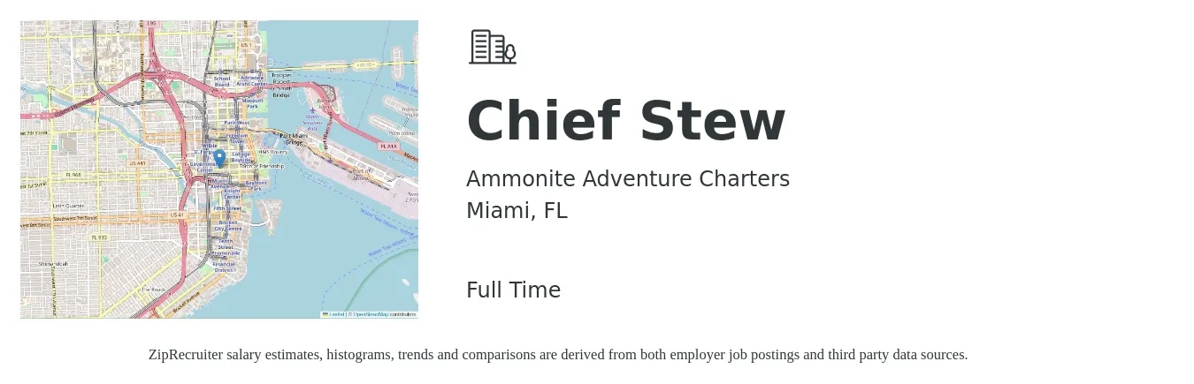 Ammonite Adventure Charters job posting for a Chief Stew in Miami, FL with a salary of $4,500 Monthly with a map of Miami location.