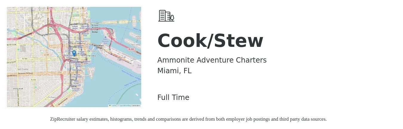 Ammonite Adventure Charters job posting for a Cook/Stew in Miami, FL with a salary of $200 Daily with a map of Miami location.