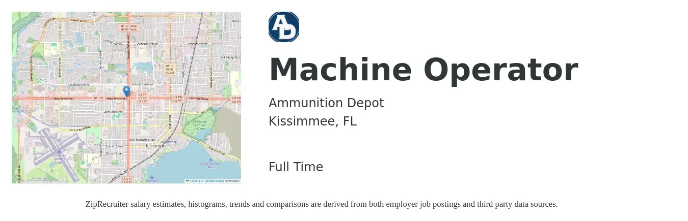 Ammunition Depot job posting for a Machine Operator in Kissimmee, FL with a salary of $13 to $15 Hourly with a map of Kissimmee location.