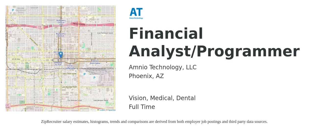 Amnio Technology, LLC job posting for a Financial Analyst/Programmer in Phoenix, AZ with a salary of $69,500 to $109,700 Yearly and benefits including dental, life_insurance, medical, retirement, and vision with a map of Phoenix location.