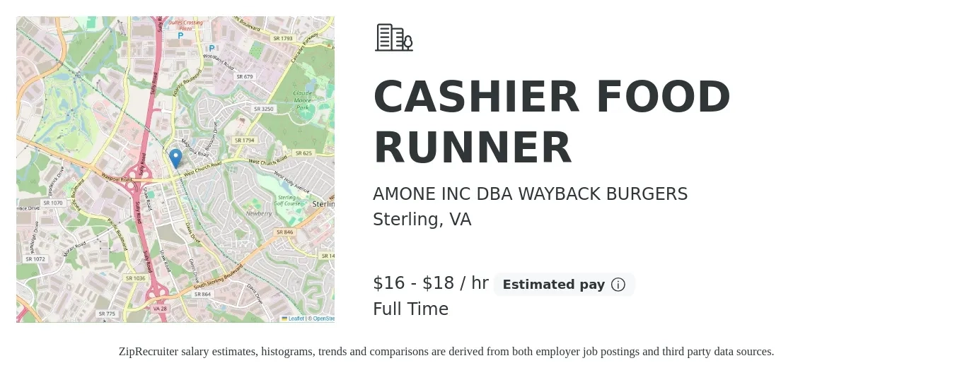 AMONE INC DBA WAYBACK BURGERS job posting for a CASHIER FOOD RUNNER in Sterling, VA with a salary of $17 to $19 Hourly with a map of Sterling location.