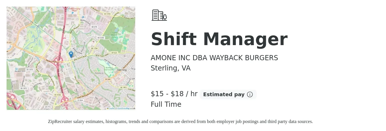 AMONE INC DBA WAYBACK BURGERS job posting for a Shift Manager in Sterling, VA with a salary of $16 to $19 Hourly with a map of Sterling location.