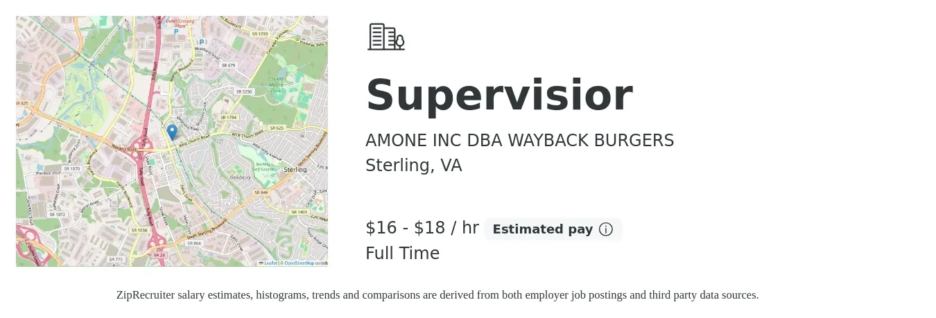 AMONE INC DBA WAYBACK BURGERS job posting for a Supervisior in Sterling, VA with a salary of $17 to $19 Hourly with a map of Sterling location.