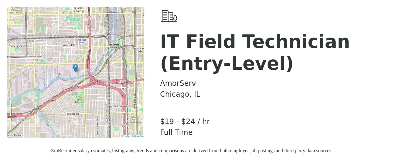 AmorServ job posting for a IT Field Technician (Entry-Level) in Chicago, IL with a salary of $20 to $25 Hourly with a map of Chicago location.