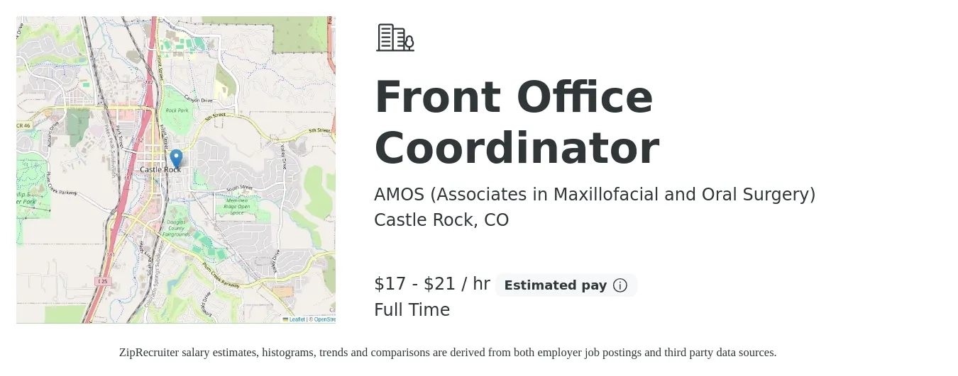 AMOS (Associates in Maxillofacial and Oral Surgery) job posting for a Front Office Coordinator in Castle Rock, CO with a salary of $18 to $22 Hourly with a map of Castle Rock location.