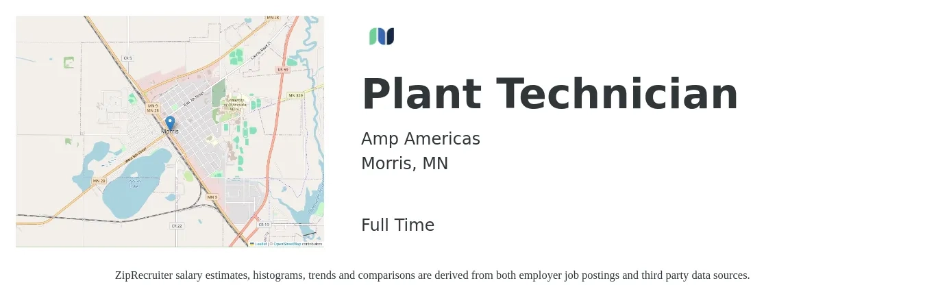 Amp Americas job posting for a Plant Technician in Morris, MN with a map of Morris location.