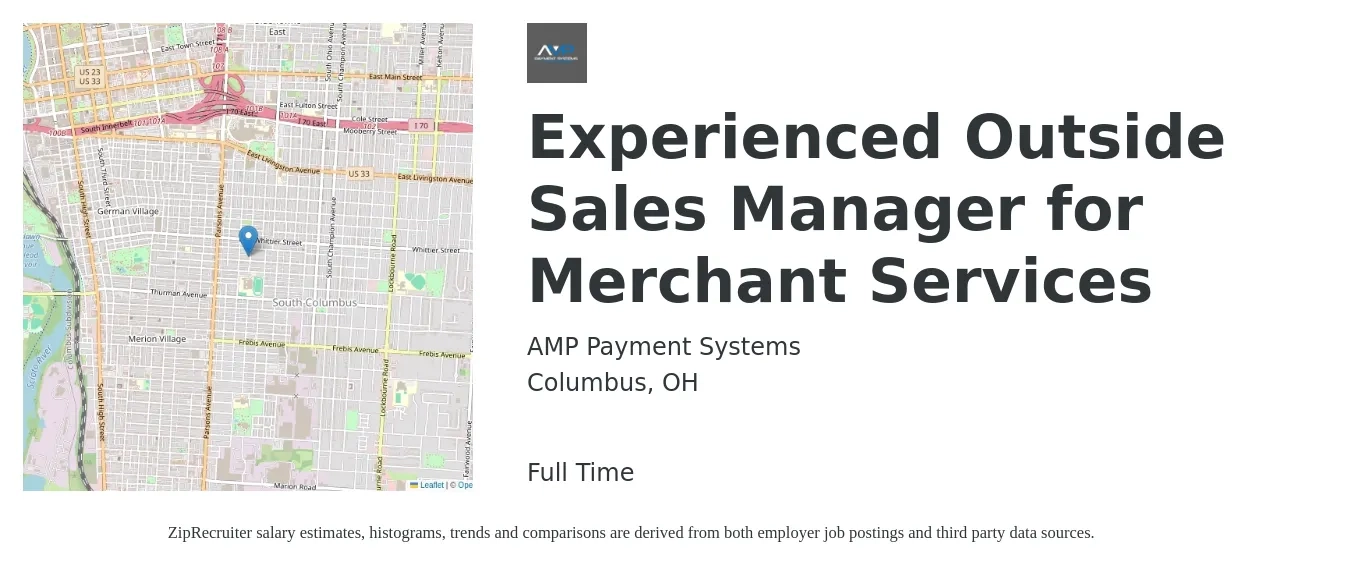 AMP Payment Systems job posting for a Experienced Outside Sales Manager for Merchant Services in Columbus, OH with a salary of $73,400 to $118,300 Yearly with a map of Columbus location.