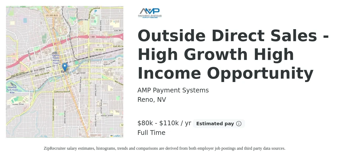 AMP Payment Systems job posting for a Outside Direct Sales - High Growth High Income Opportunity in Reno, NV with a salary of $80,000 to $110,000 Yearly (plus commission) with a map of Reno location.