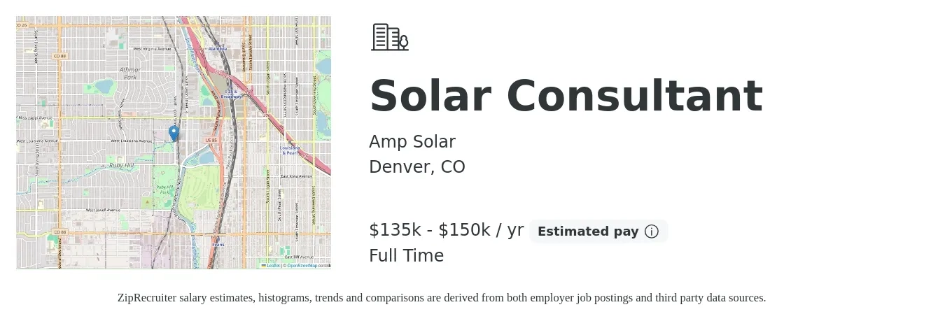 Amp Solar job posting for a Solar Consultant in Denver, CO with a salary of $135,000 to $150,000 Yearly with a map of Denver location.