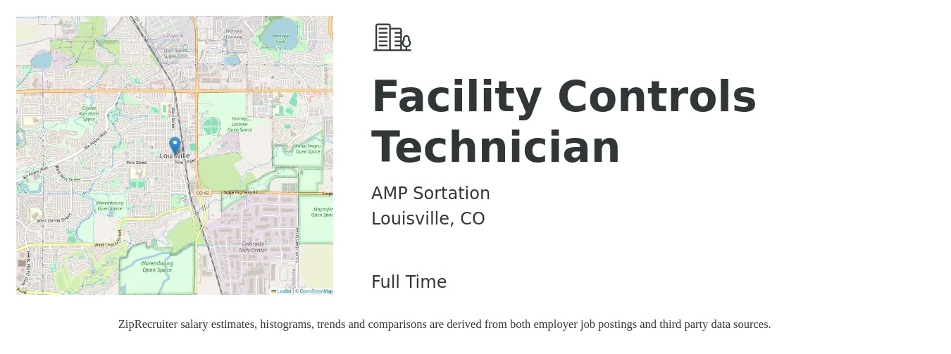 AMP Sortation job posting for a Facility Controls Technician in Louisville, CO with a salary of $31 to $41 Hourly with a map of Louisville location.