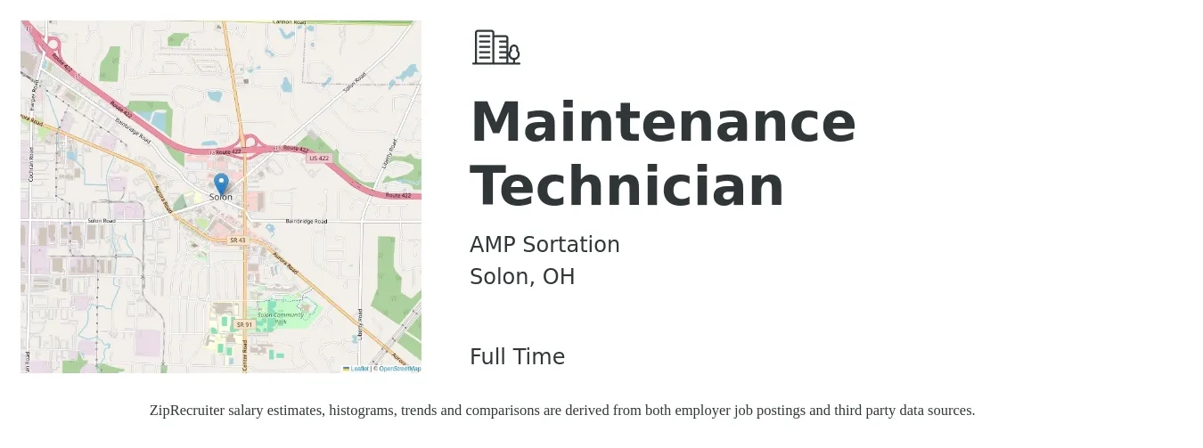 AMP Sortation job posting for a Maintenance Technician in Solon, OH with a salary of $18 to $25 Hourly with a map of Solon location.