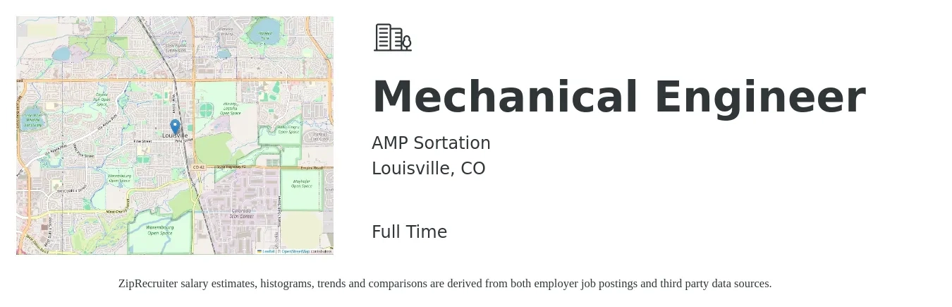 AMP Sortation job posting for a Mechanical Engineer in Louisville, CO with a salary of $85,200 to $132,200 Yearly with a map of Louisville location.