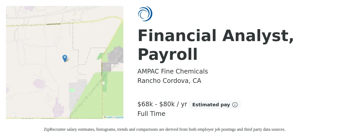 AMPAC Fine Chemicals job posting for a Financial Analyst, Payroll in Rancho Cordova, CA with a salary of $68,500 to $80,000 Yearly with a map of Rancho Cordova location.