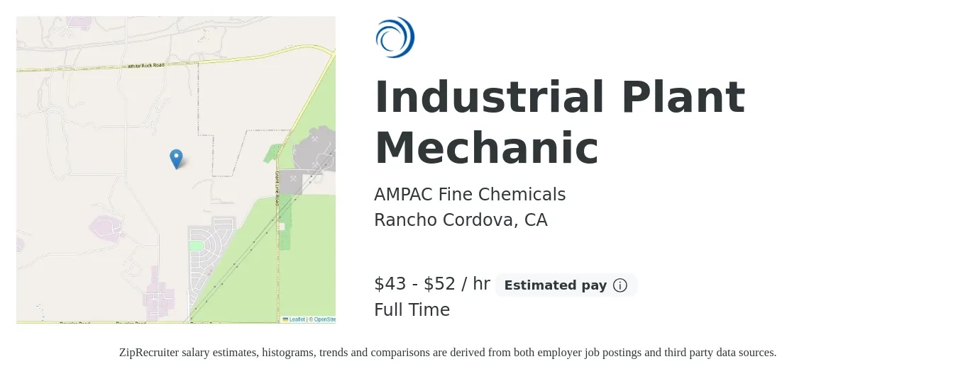 AMPAC Fine Chemicals job posting for a Industrial Plant Mechanic in Rancho Cordova, CA with a salary of $45 to $54 Hourly with a map of Rancho Cordova location.