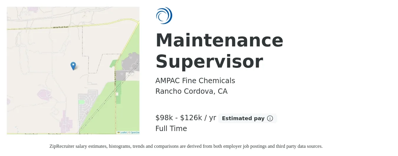 AMPAC Fine Chemicals job posting for a Maintenance Supervisor in Rancho Cordova, CA with a salary of $98,200 to $126,700 Yearly with a map of Rancho Cordova location.