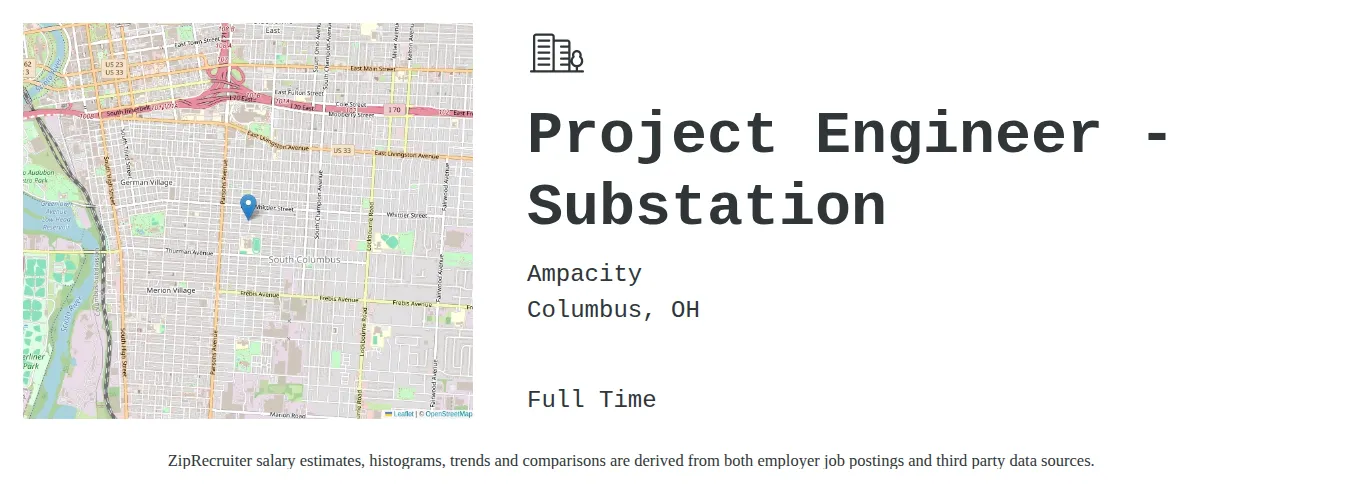 Ampacity job posting for a Project Engineer - Substation in Columbus, OH with a salary of $92,000 to $117,300 Annually and benefits including Medical and Retirement with a map of Columbus location.