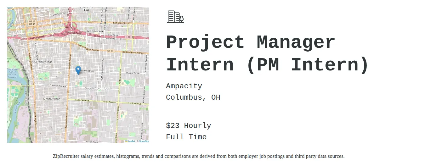 Ampacity job posting for a Project Manager Intern (PM Intern) in Columbus, OH with a salary of $24 Hourly with a map of Columbus location.