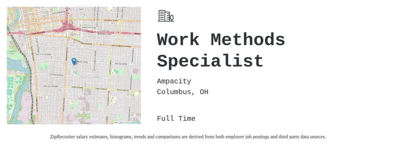Ampacity job posting for a Work Methods Specialist in Columbus, OH and benefits including Medical, Vision, Dental, PTO, Life, and Retirement with a map of Columbus location.