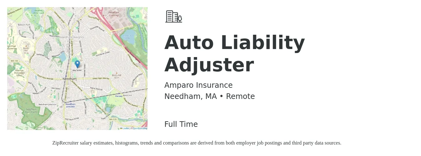 Amparo Insurance job posting for a Auto Liability Adjuster in Needham, MA with a salary of $53,900 to $70,300 Yearly with a map of Needham location.