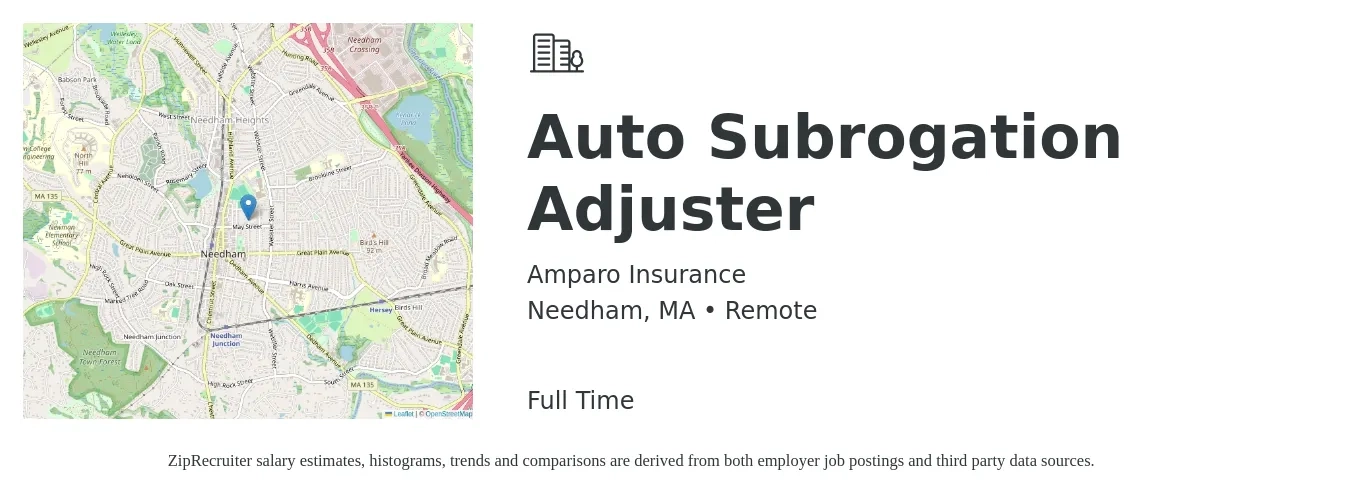 Amparo Insurance job posting for a Auto Subrogation Adjuster in Needham, MA with a salary of $53,900 to $70,300 Yearly with a map of Needham location.