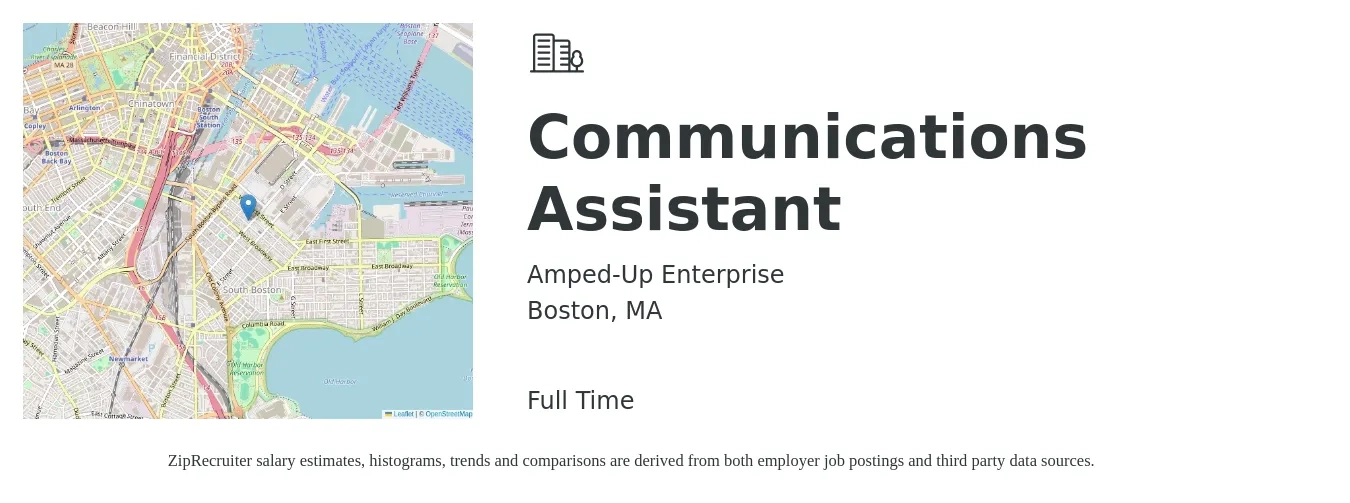 Amped-Up Enterprise job posting for a Communications Assistant in Boston, MA with a salary of $550 to $1,200 Weekly (plus commission) with a map of Boston location.