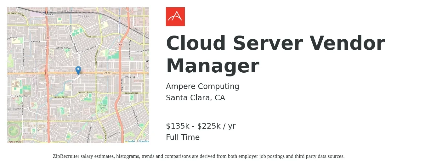 Ampere Computing job posting for a Cloud Server Vendor Manager in Santa Clara, CA with a salary of $135,400 to $225,600 Yearly with a map of Santa Clara location.