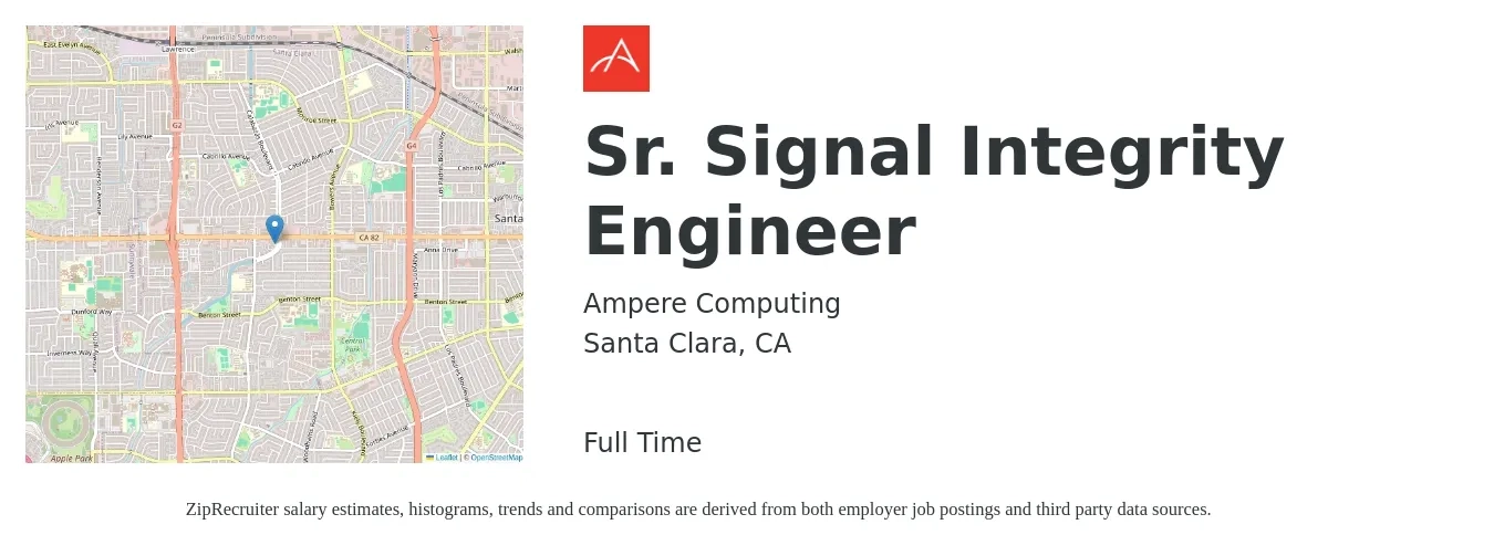 Ampere Computing job posting for a Sr. Signal Integrity Engineer in Santa Clara, CA with a salary of $197,200 Yearly with a map of Santa Clara location.