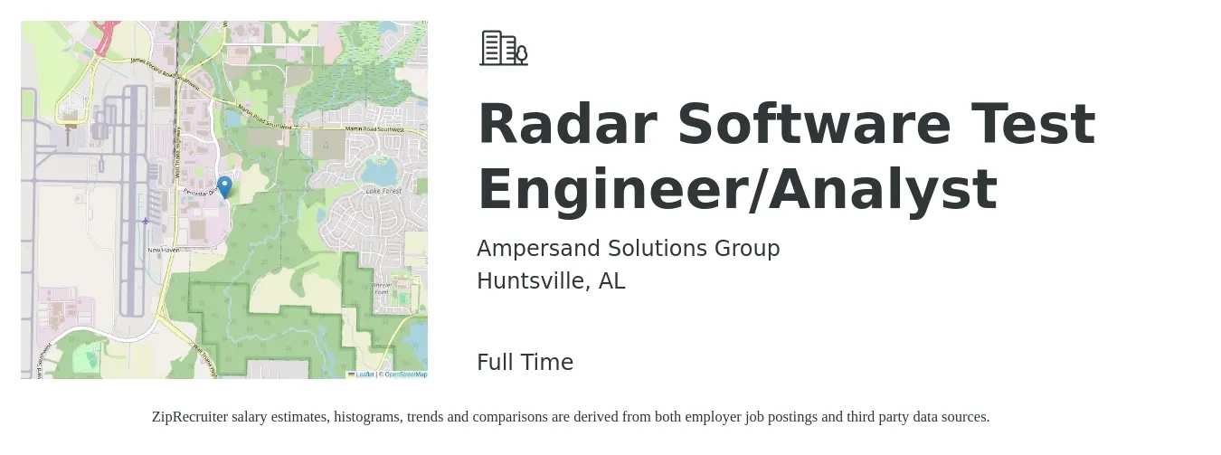 Ampersand Solutions Group job posting for a Radar Software Test Engineer/Analyst in Huntsville, AL with a salary of $48 to $64 Hourly with a map of Huntsville location.