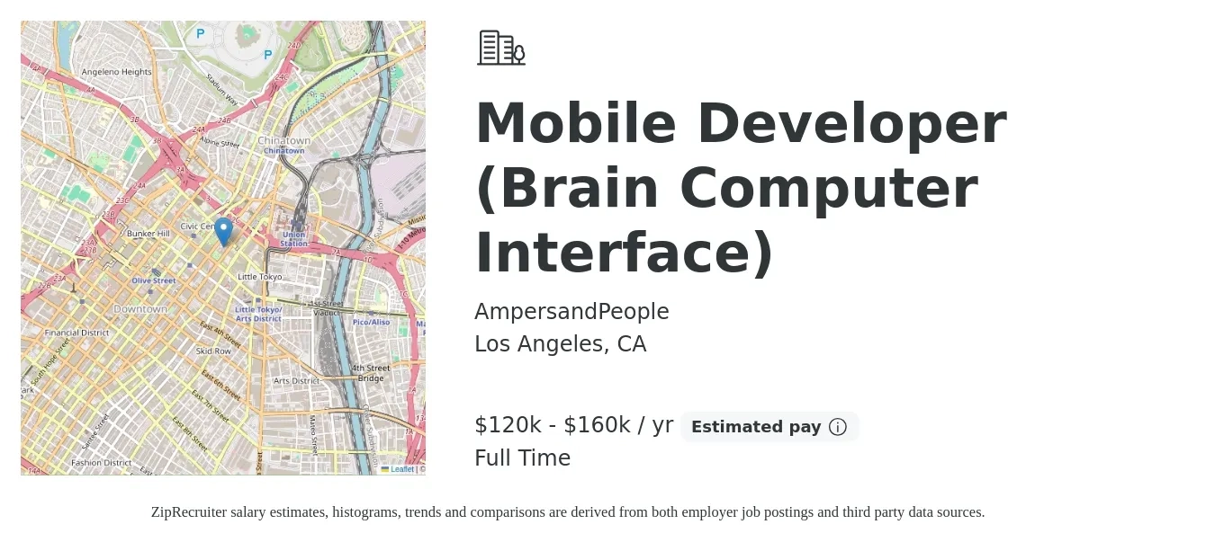AmpersandPeople job posting for a Mobile Developer (Brain Computer Interface) in Los Angeles, CA with a salary of $120,000 to $160,000 Yearly with a map of Los Angeles location.