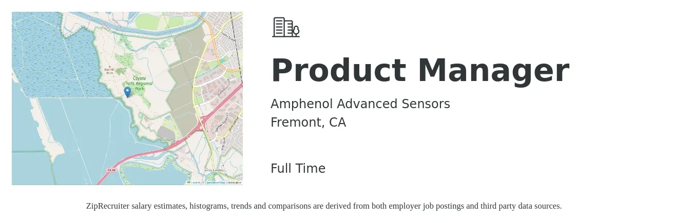 Amphenol Advanced Sensors job posting for a Product Manager in Fremont, CA with a salary of $154,300 to $215,600 Yearly with a map of Fremont location.