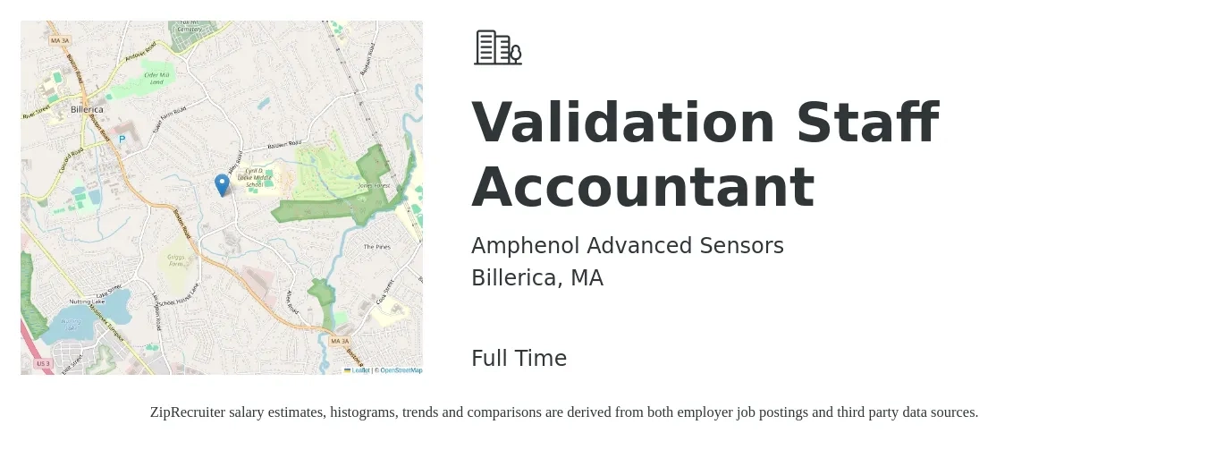 Amphenol Advanced Sensors job posting for a Validation Staff Accountant in Billerica, MA with a salary of $58,400 to $77,000 Yearly with a map of Billerica location.