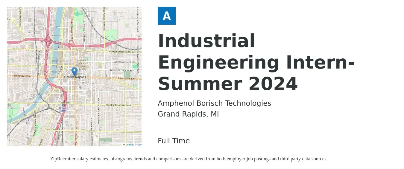 Amphenol Borisch Technologies job posting for a Industrial Engineering Intern- Summer 2024 in Grand Rapids, MI with a salary of $16 to $21 Hourly with a map of Grand Rapids location.