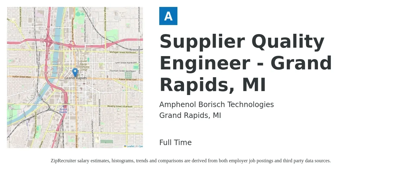 Amphenol Borisch Technologies job posting for a Supplier Quality Engineer - Grand Rapids, MI in Grand Rapids, MI with a salary of $85,500 to $123,900 Yearly with a map of Grand Rapids location.