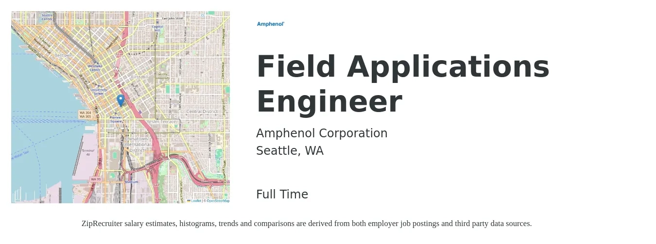 Amphenol Corporation job posting for a Field Applications Engineer in Seattle, WA with a salary of $92,700 to $146,200 Yearly with a map of Seattle location.
