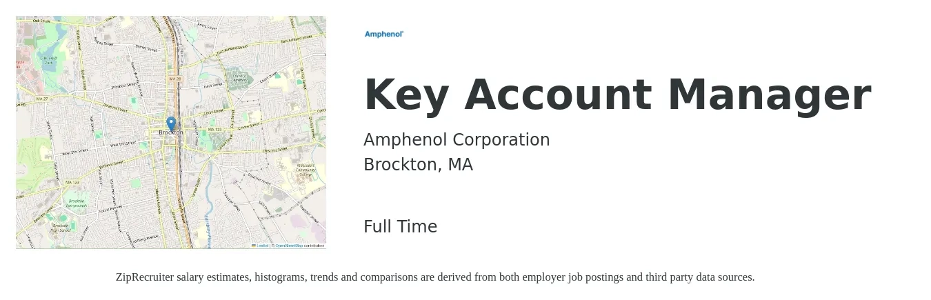 Amphenol Corporation job posting for a Key Account Manager in Brockton, MA with a salary of $73,300 to $111,500 Yearly with a map of Brockton location.