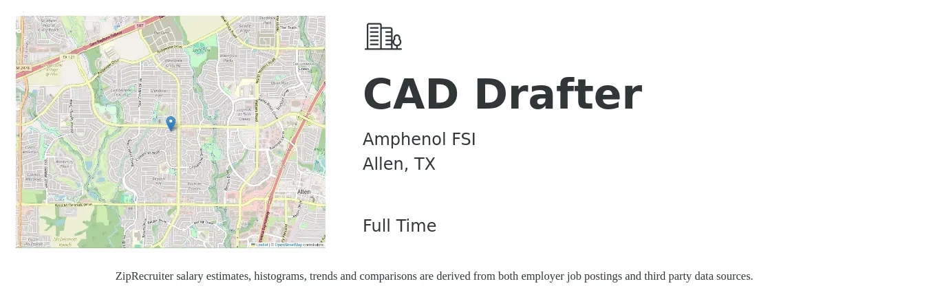 Amphenol FSI job posting for a CAD Drafter in Allen, TX with a salary of $21 to $28 Hourly with a map of Allen location.