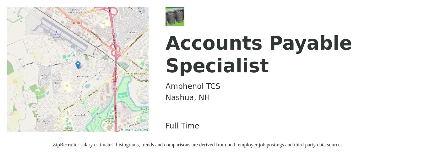 Amphenol TCS job posting for a Accounts Payable Specialist in Nashua, NH with a salary of $22 to $28 Hourly with a map of Nashua location.