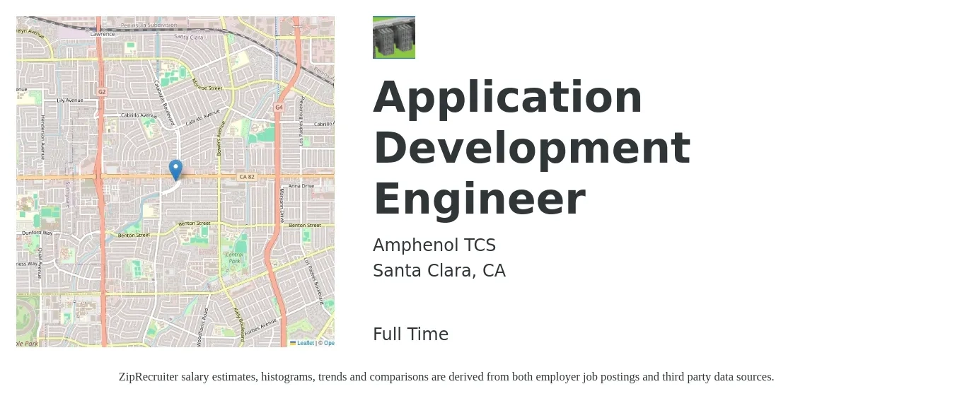 Amphenol TCS job posting for a Application Development Engineer in Santa Clara, CA with a salary of $98,700 to $158,500 Yearly with a map of Santa Clara location.
