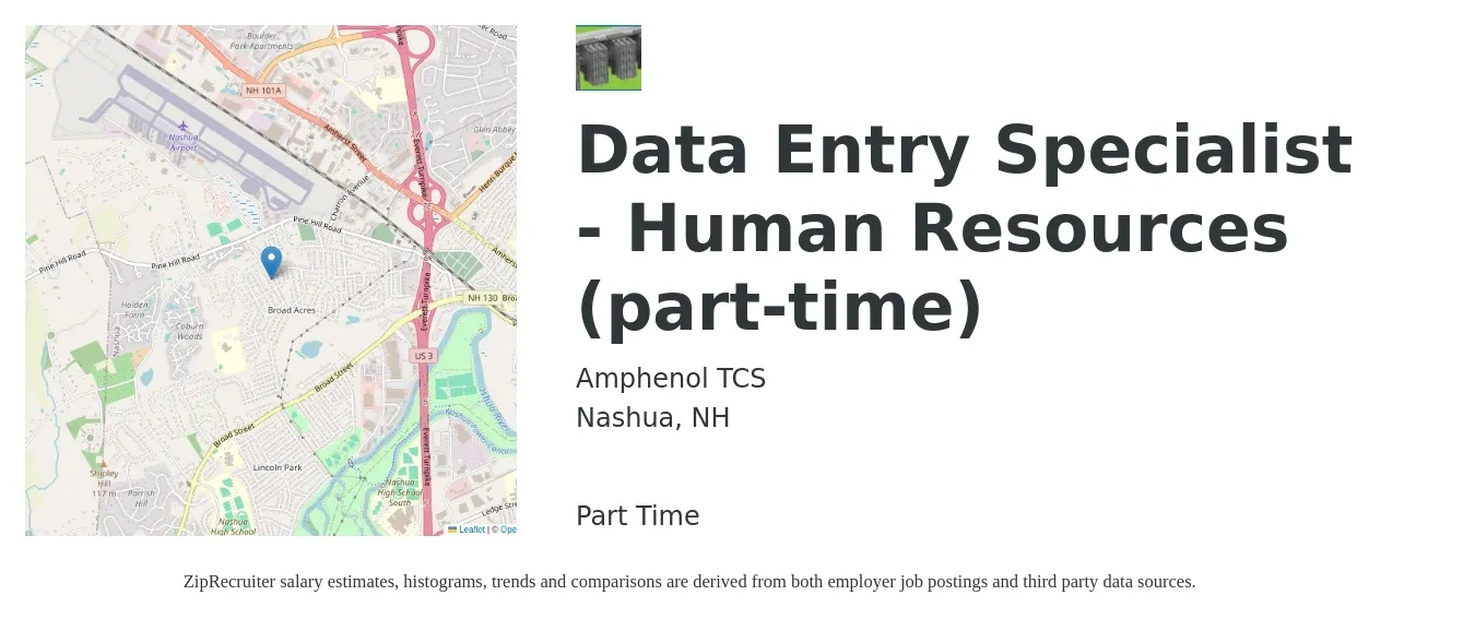 Amphenol TCS job posting for a Data Entry Specialist - Human Resources (part-time) in Nashua, NH with a salary of $17 to $23 Hourly with a map of Nashua location.