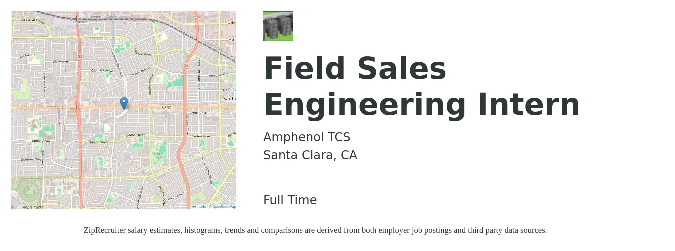 Amphenol TCS job posting for a Field Sales Engineering Intern in Santa Clara, CA with a salary of $18 to $24 Hourly with a map of Santa Clara location.